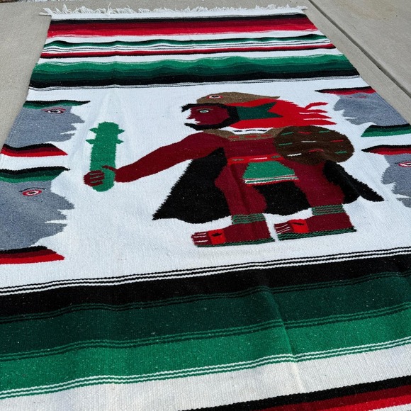 Vintage Mexican Aztec Warrior Woven Wool Serape Rug Tapestry Blanket 82x44 - Picture 2 of 11